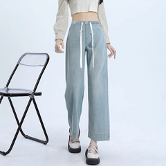 9073#孕婦抽繩天絲萊賽爾直筒褲八分褲牛仔褲休閒寬鬆型闊腿褲