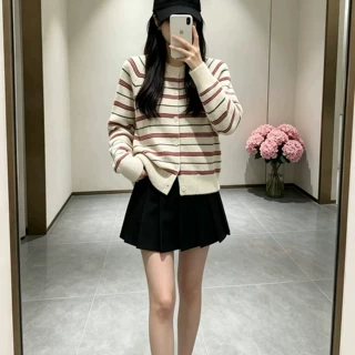 复古撞色条纹针织开衫女2026早秋新款圆领单排扣百搭显瘦毛衣外搭