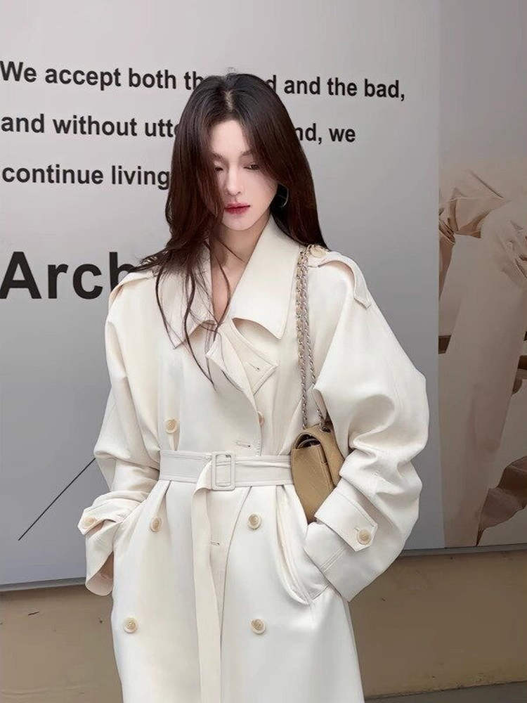 White Windbreaker Jacket Women's Mid-Length 2025 Autum New High-End Casual Korean Style Lazy and Relaxed Outwear