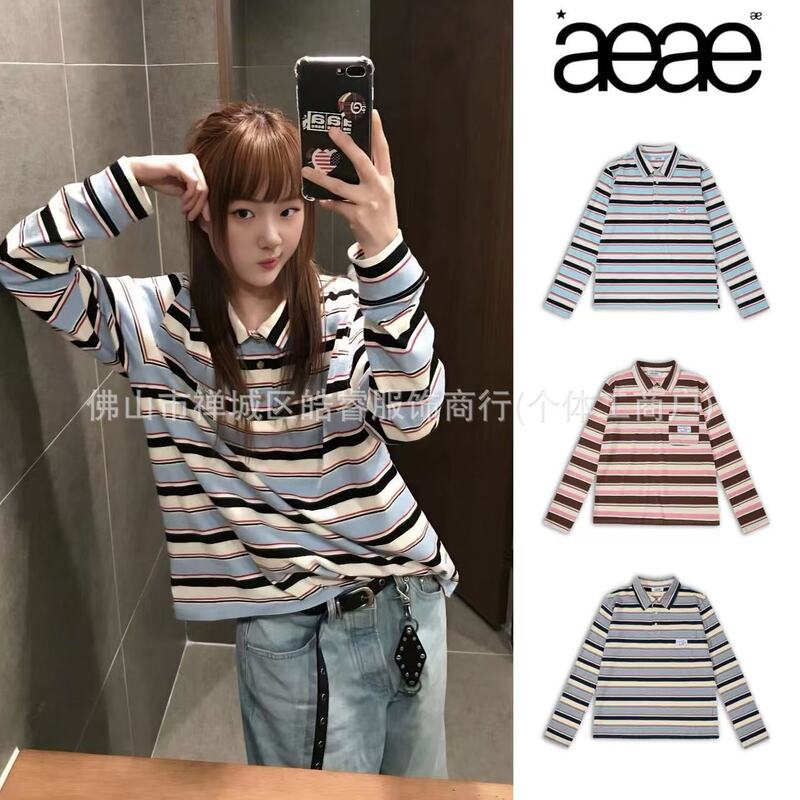 [in Stock] Aeae Striped Long Sleeve Polo Shirt for Women, New Spring Style, College Style, Versatile Loose T-Shirt Top, Korean Style