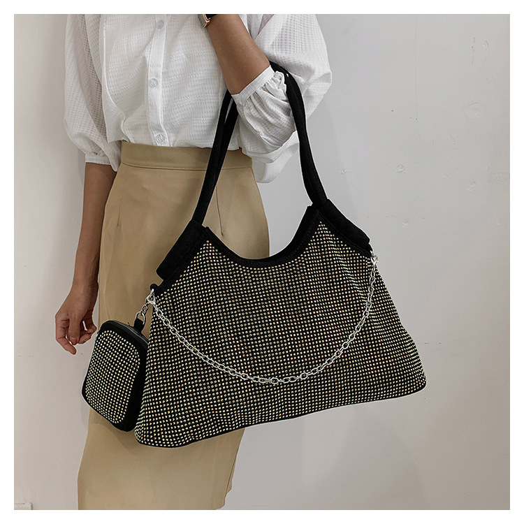 Chain Strap Type Shoulder Bag, Tote Bag Bags Type Daily Occasion Vintage Style Solid Color Rhinestone Semicircle Zipper Shoulder Bag Tote Bag
