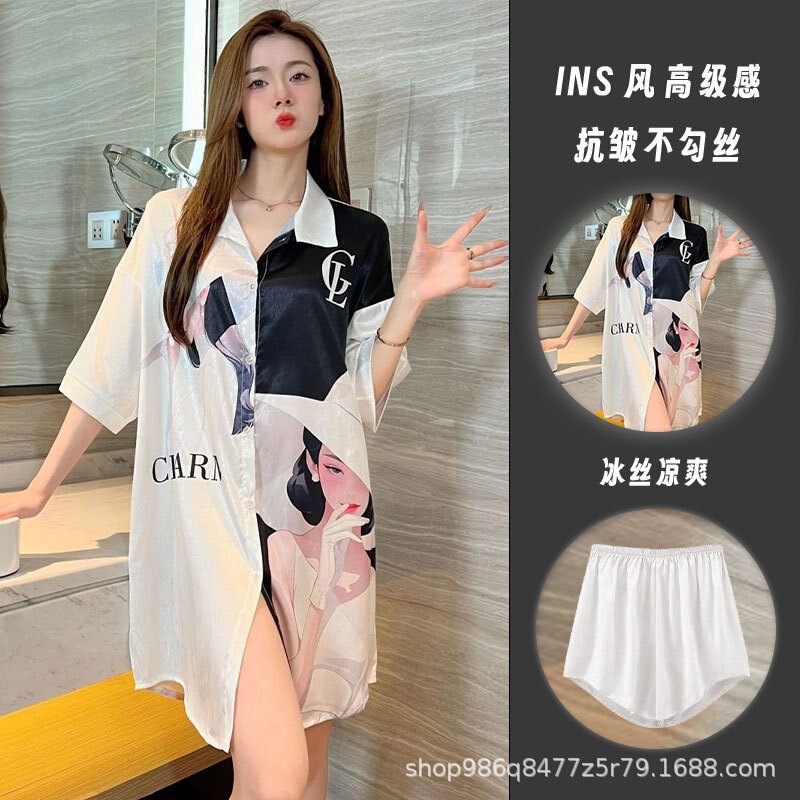 Summer Pajamas, Ice Silk Cool Mid-Length Loose Shirt Dress, Women's Home Wear Nightgown Two-Piece Set Summer Pajamas, Ice Silk Cool Mid-Length Loose Shirt Dress, Women's Home Wear Nightgown Two-Piece Set