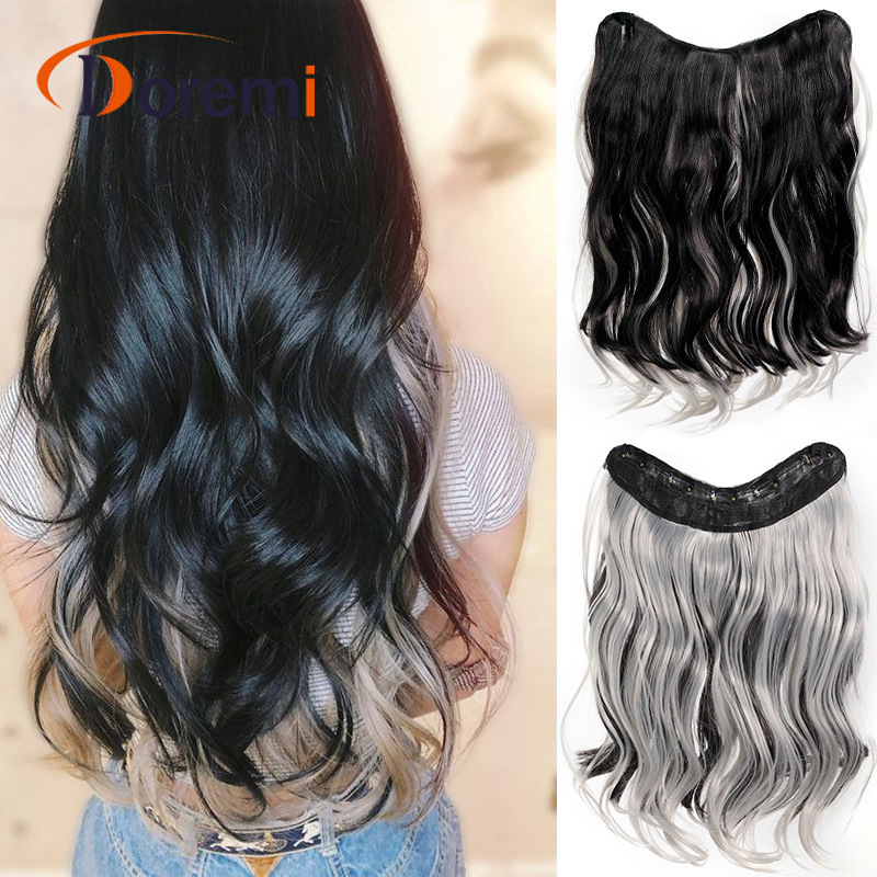 wig female V shaped hair extension one piece 5 card highlighting micro curly hair wig piece chemical fiber synthesis 48cm165g_voghion.com