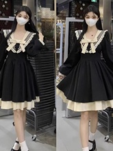 大码显瘦海军领长袖赫本风连衣裙秋季新款女装蓬蓬裙胖mm黑色裙子