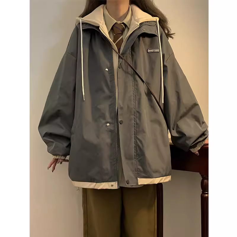 2025春秋minette假两件冲锋衣外套女防风外衣大码棒球服工装夹克