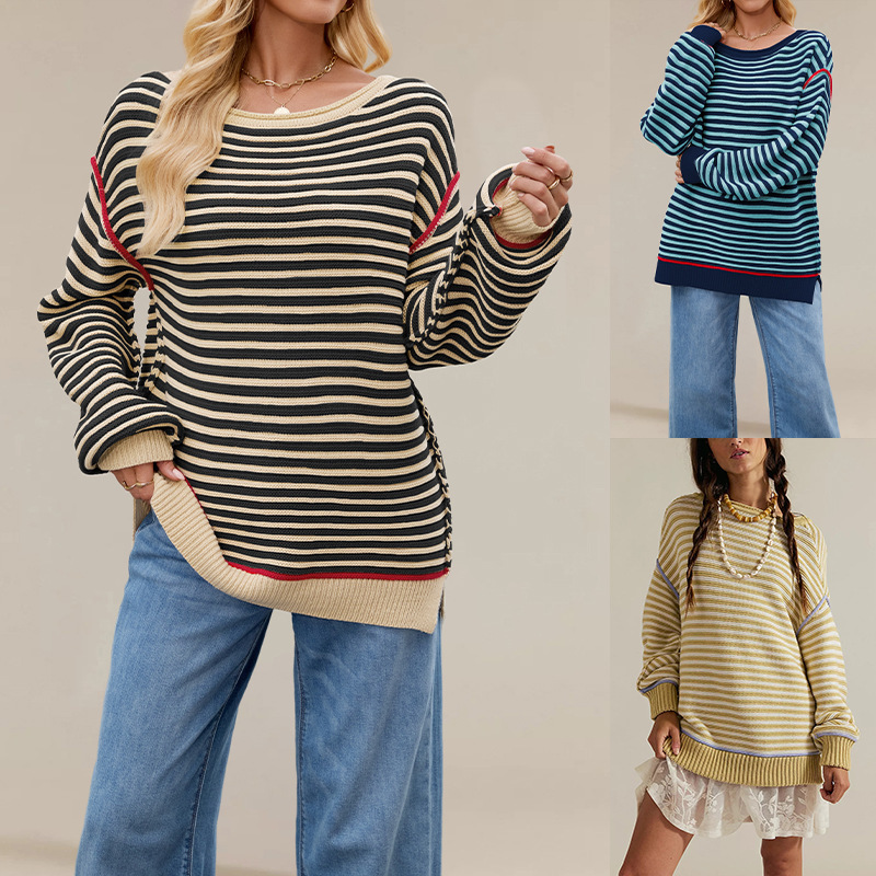 2026 New Cross-Border Hot-Selling Autumn and Winter European and American Women's Striped Knit Top Round Neck Pullover Loose Long-Sleeve Sweater 2026 New Cross-Border Hot-Selling Autumn and Winter European and American Women's Striped Knit Top Round Neck Pullover Loose Long-Sleeve Sweater
