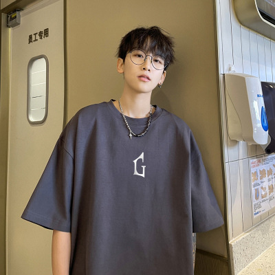 Marca de moda Otoño hombres de manga corta Camiseta de algodón de los hombres cuello redondo más tamaño de grasa suelta de manga corta azul oscuro 5 image 19