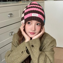 韩版新款条纹拼接撞色针织毛线帽子女秋冬保暖显脸小小众包头帽潮