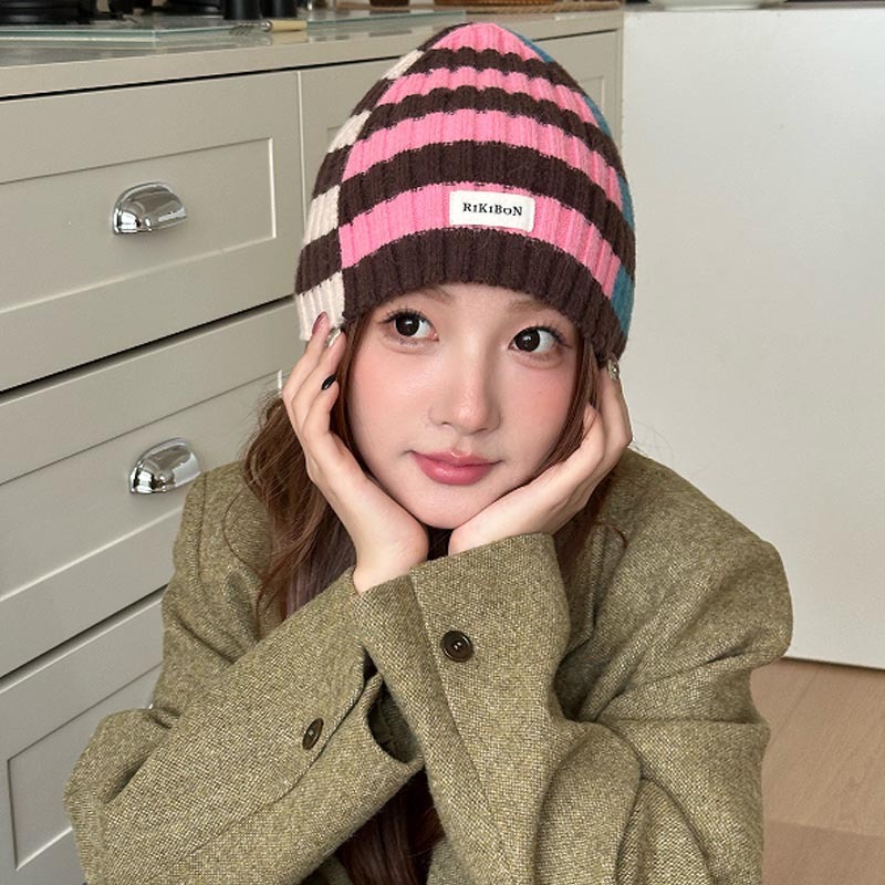 韩版新款条纹拼接撞色针织毛线帽子女秋冬保暖显脸小小众包头帽潮|undefined