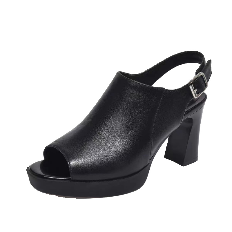 Giày cao gót nữ mũi hở peep-toe đế xuồng platform da bò gót thô 5 cm — Màu Đỏ rượu vang-5 cm