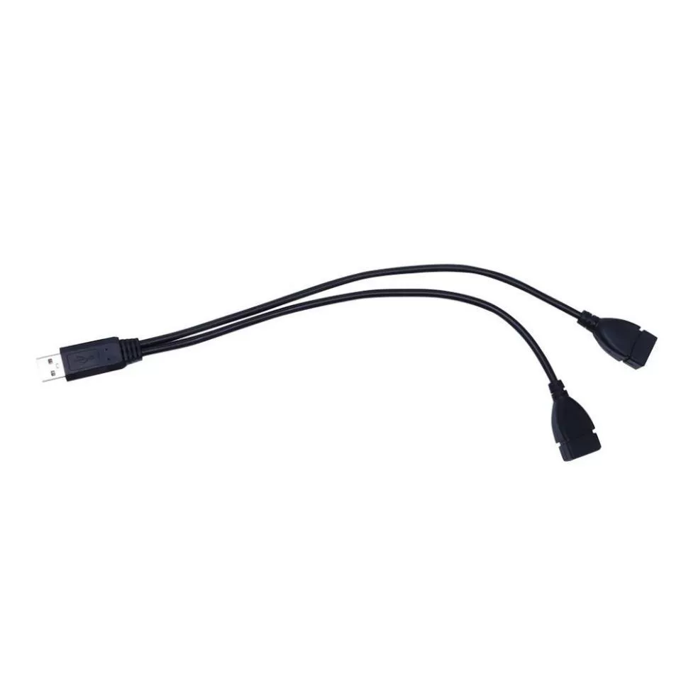 Кабель: от одного источника к двум USB-штекерам, три штекера и два гнезда, один на двоих для передачи данных и включения, удлинительный кабель с двумя USB-гнездами для зарядки