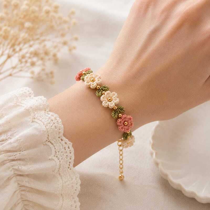Trendy European and American Style Handmade Crochet Daisy Flower Bracelet with Gold Beads, Creating a Versatile and Stylish Look for Commuting Trendy European and American Style Handmade Crochet Daisy Flower Bracelet with Gold Beads, Creating a Versatile and Stylish Look for Commuting