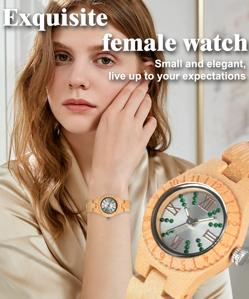 Crystal Polish Dial Women Slim Watch Wood Clock Casual Adjustable Quartz Fashion Wooden Bracelet Watch Women's Wrist Reloj Mujer