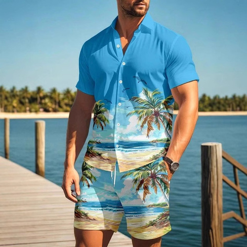 2025 Summer Hawaii Landscape Creative Short Sleeve Shirt Set 3D Digital Printing Shirt for Men
