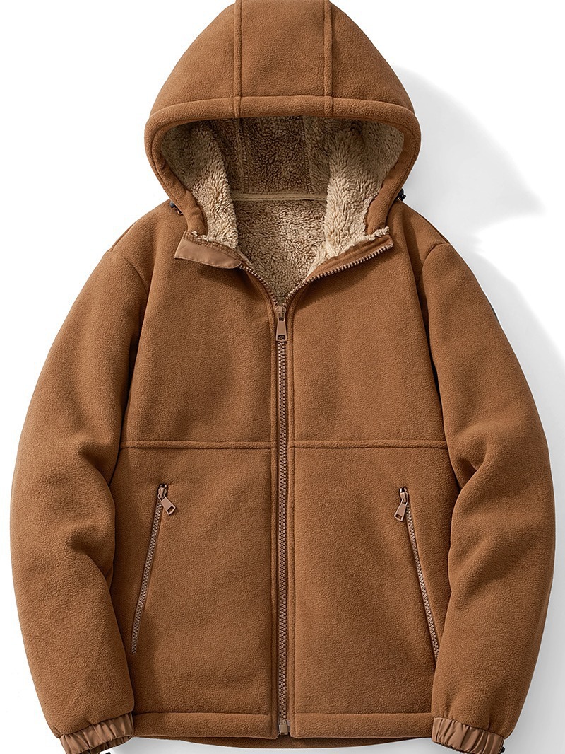 秋冬新款重磅男士抓绒衣夹克休闲连帽羊羔绒加绒加厚保暖开衫外套