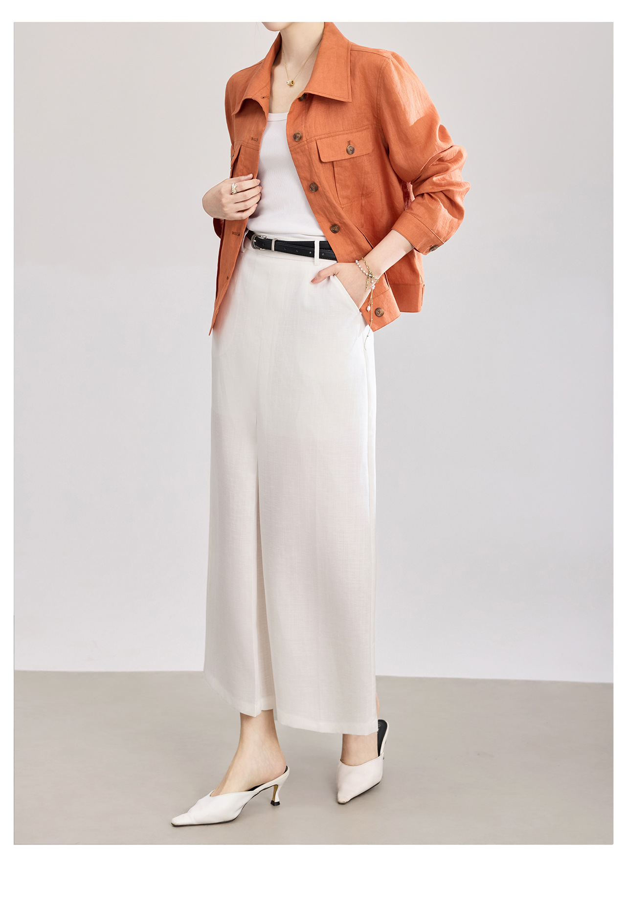 Chân váy xếp ly nữ cạp trung thấp, chất liệu tencel linen phối sọc răng cưa, xẻ tà — Xanh lông mòng đen chi tiết 11