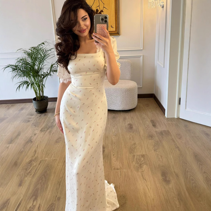 Amazon Europe and America 2025 Spring Cross-border Slim Lace Satin Printed Gentle Fairy Lace dress Women Amazon Europe and America 2025 Spring Cross-border Slim Lace Satin Printed Gentle Fairy Lace dress Women