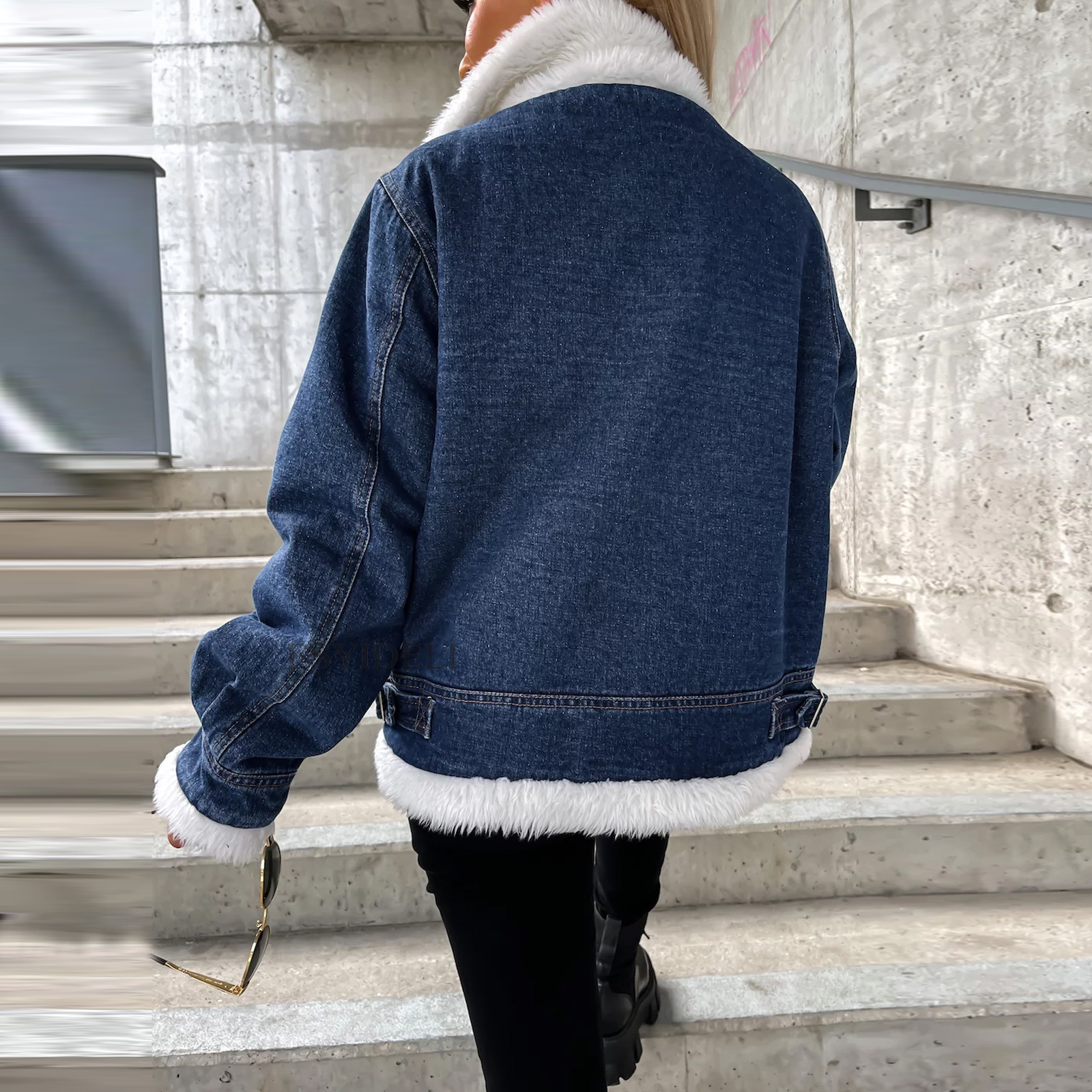 Damenmantel aus unregelmäßiger Denim-Lammwolle mit Nähten, lockerer Samt-Jeansmantel_voghion.com