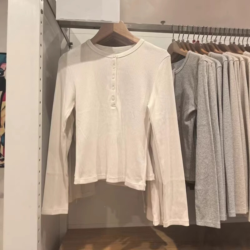 Women's Ribbed Henley Collar Fashion T-Shirt/Long Sleeve Casual Slim Fit Base Shirt Top 26 New Model 487908