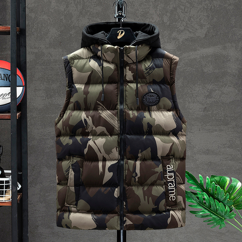 Large Size Men's Autumn and Winter New Down Cotton Camouflage Vest Korean Loose Fleece-Lined Thickened Hooded Casual Jacket Trendy