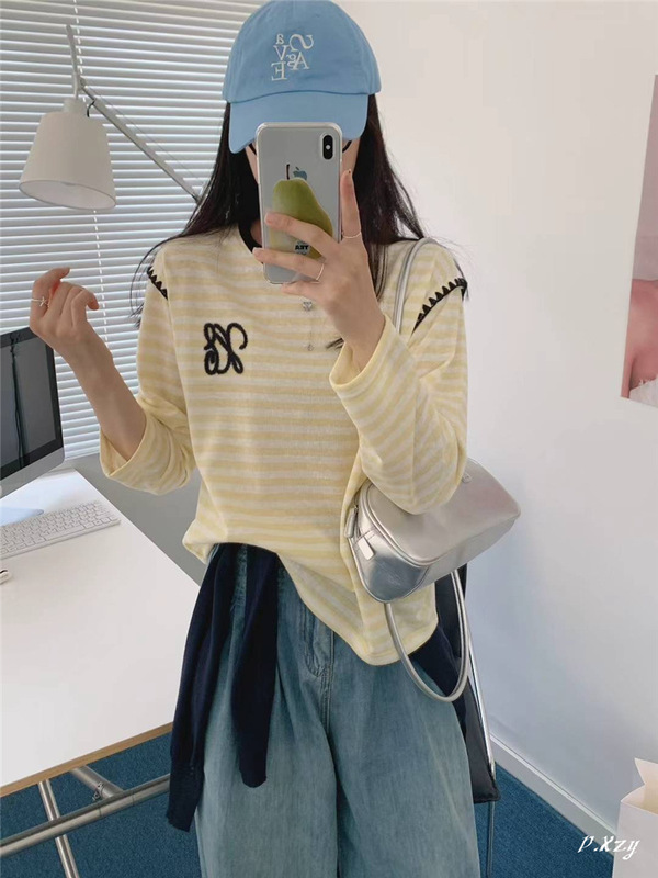 011秋季2025新款慵懒风松弛感上衣撞色条纹字母长袖打底衫女士T恤|undefined