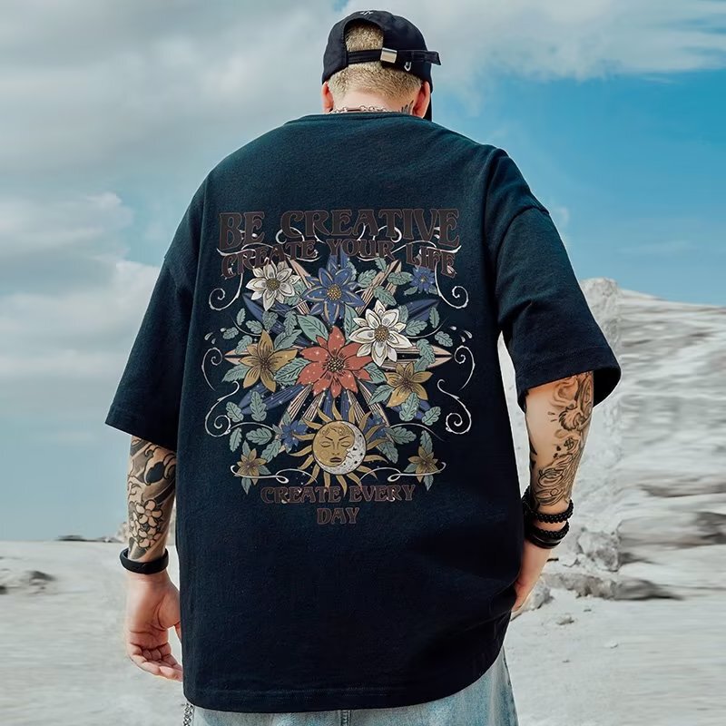 American Style Retro plus size Short-sleeved Men's T-shirt Summer 2025 New Ins Printed Student Hong Kong Style Loose Half Sleeve