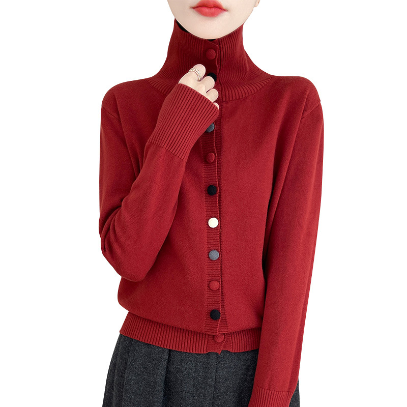 니트 카디건 스탠드 칼라 컬러 버클 겨울 코트베이스 셔츠 여성 패션 서양식 연령 감소 가을 코트 스웨터 여성 한국어