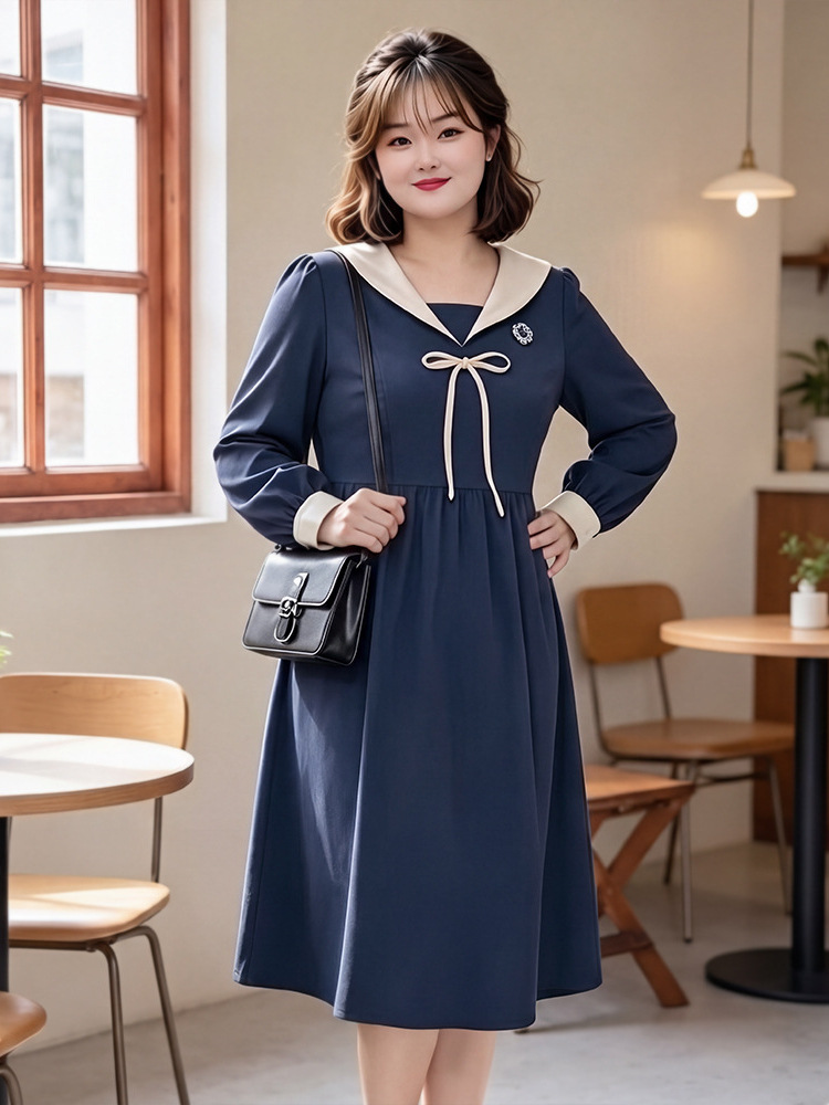60-160kg Plus Size Women's Navy Collar Dress for Spring and Autumn, College Style Long-Sleeve Dress for Slightly Chubby Girls