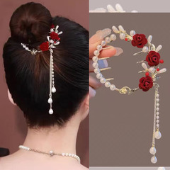 New style pearl rose flower tassel ponytail buckle hairpin back of head ball headband hairpin hairpin hair accessories wholesale