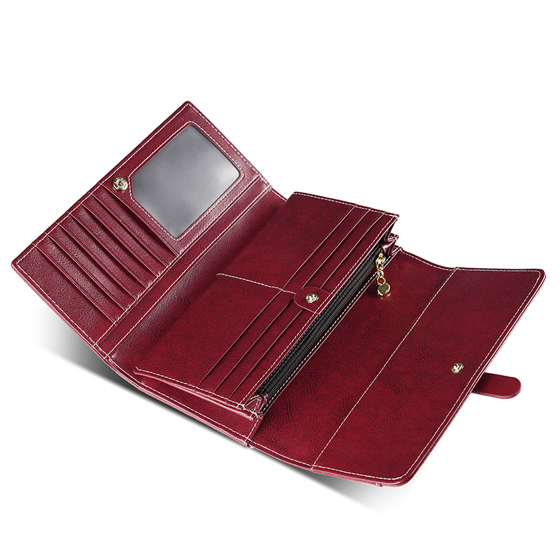 Women's Genuine Leather Wallet High-End Long Clutch Oil Wax Leather Vintage Multifunctional RFID Blocking Wallet - Thumbnail 3