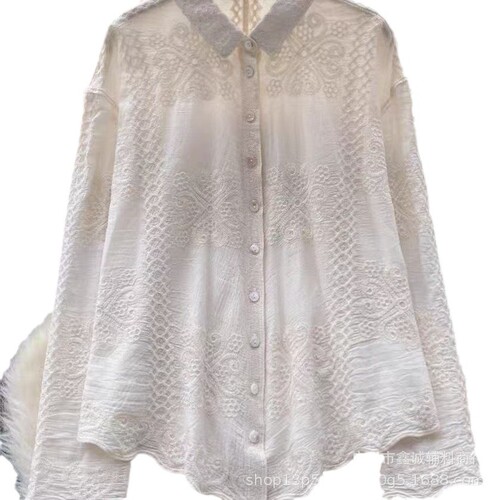 Artistic Embroidery Long-Sleeve Shirt French Spring and Autumn Season Korean Version Loose Casual Polo Collar Loose Irregular Top