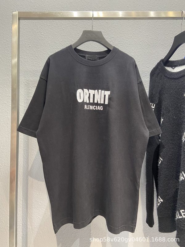 High Version B Family Fashion Brand Paris Fortress Night Short Sleeve Fixed Woven Fixed Dye Pure Cotton Heavy Industry Embroidered T-shirt for Lovers