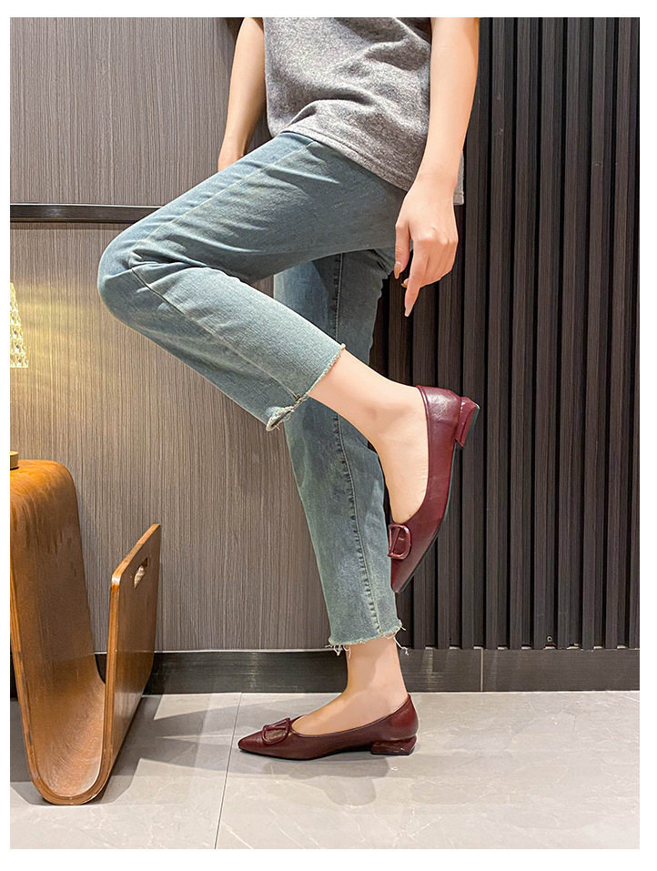 Giày cao gót nữ mũi nhọn khóa vuông da mềm gót thấp 3 cm — màu đen, màu đỏ, quả mơ chi tiết 18