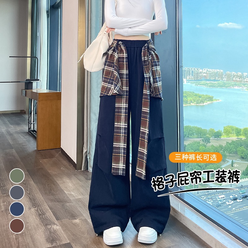 实拍2025秋季新款复古格子屁帘工装裤高腰束脚阔腿两穿休闲运动裤