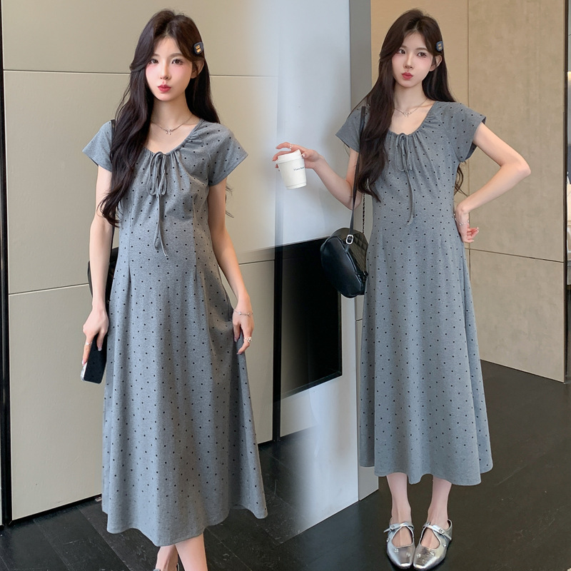 Maternity Dress Summer Thin Cotton Polka Dot Lace Round Neck Slim Fit Versatile Work Clothing Elegant Long T-Shirt Dress