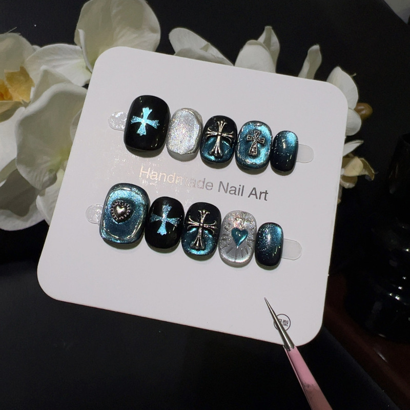 [Blue Knight] Dark Gothic Style Metal Cross Manicure Piece Blues Niche High-End Handmade Wearable Nails