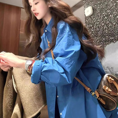 法式高级感蓝色衬衫外套女春季宽松长袖休闲超好看慵懒风衬衣上衣