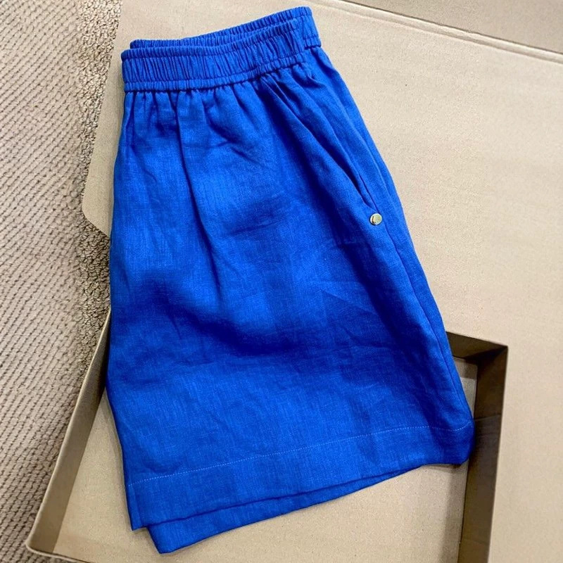 Klein blue cotton-linen high-waisted elastic casual shorts for women, summer slimming A-line hot pants, linen wide-leg beach shorts Klein blue cotton-linen high-waisted elastic casual shorts for women, summer slimming A-line hot pants, linen wide-leg beach shorts
