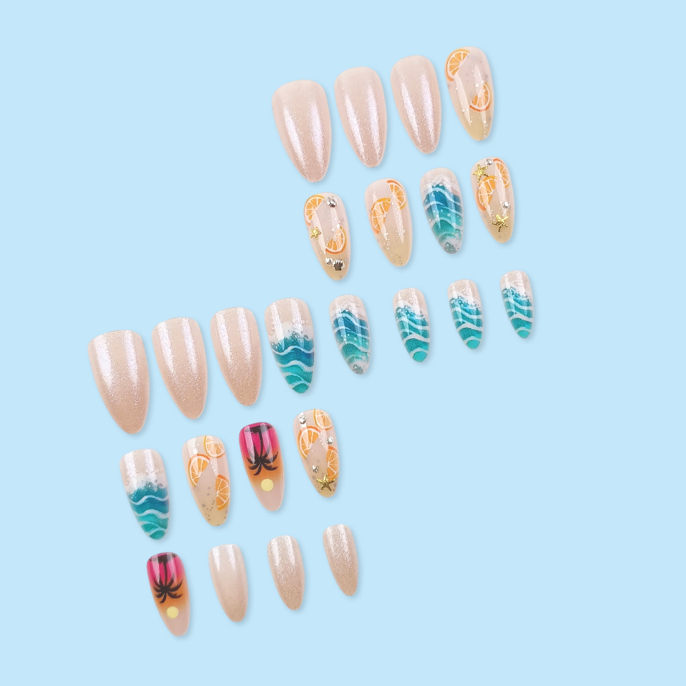 Transfronterizos tridimensionales conchas de diamante de uñas de vacaciones de verano, 24 piezas de uñas falsas calientes mezcladas