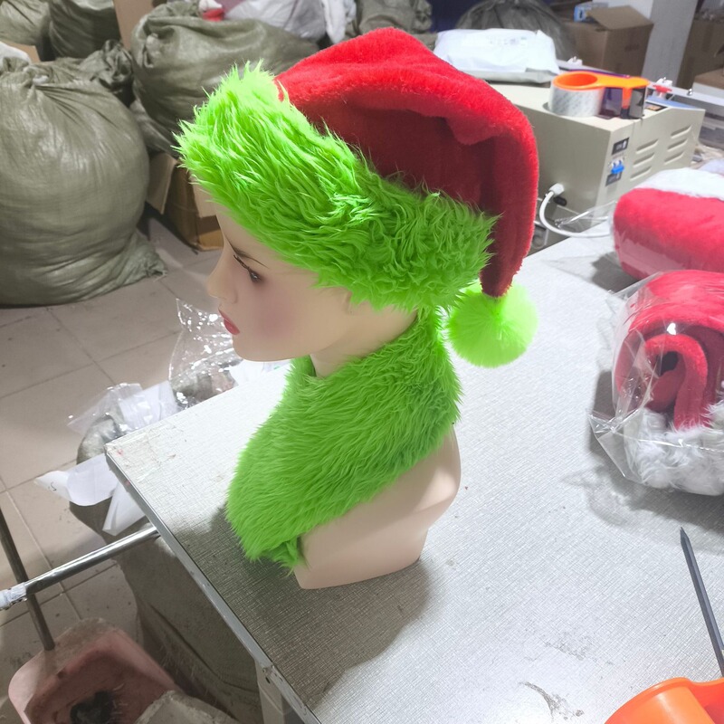 Cross-Border Embroidered Green Fur Christmas Hat, Grinch Christmas Hat, Soft Short Plush, Red and Green Christmas Hat Cross-Border Embroidered Green Fur Christmas Hat, Grinch Christmas Hat, Soft Short Plush, Red and Green Christmas Hat