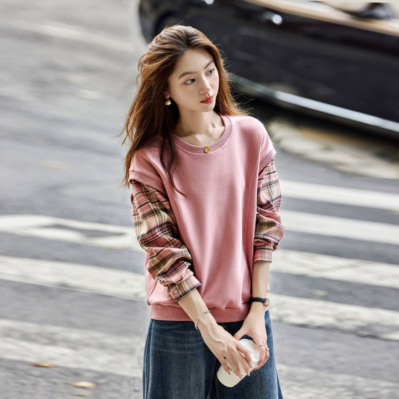 2024 Осенний круглый воротник свободный дикий набор корейских поддельных двух частей случайного сшивания в клетку свитника