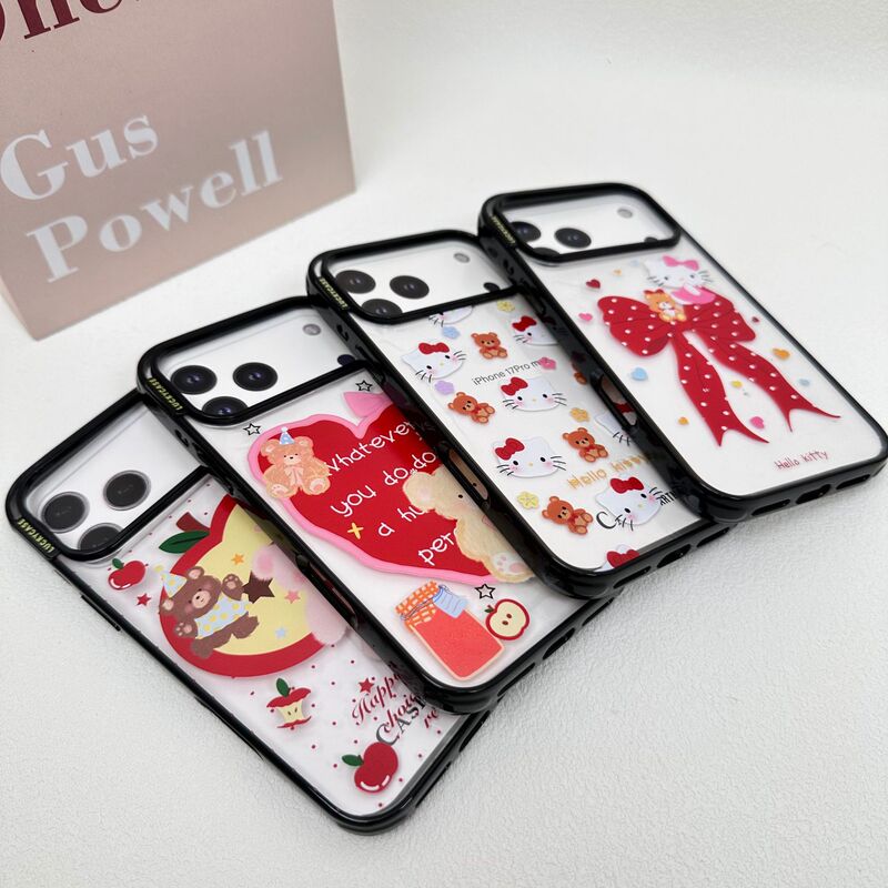 Yuanqi Shell Black Frame Transparent Cartoon Phone Case Suitable for Iphone17 Cute Hello Kitty Bear Anti-Fall