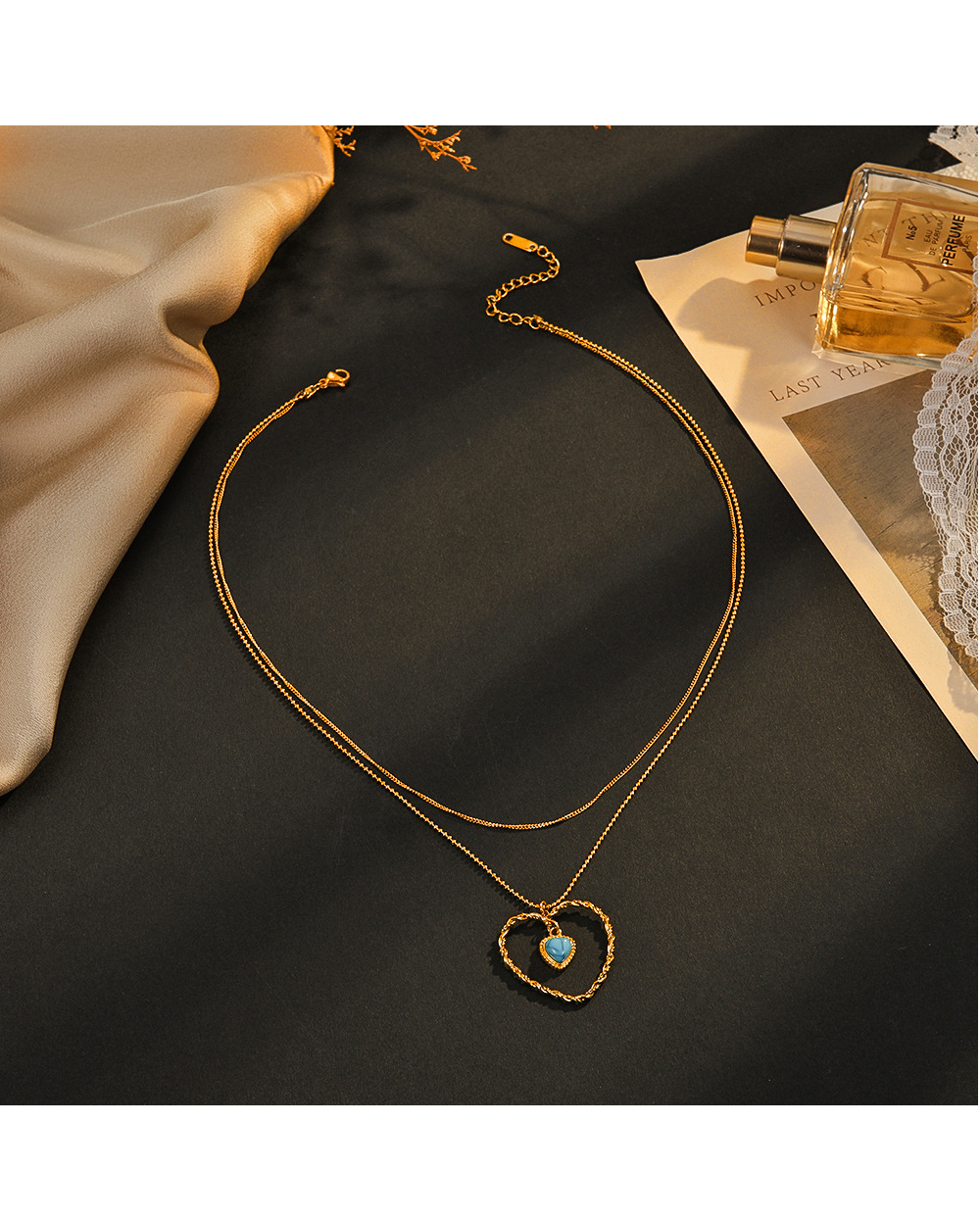 Fashion Heart Shape Stainless Steel Titanium Steel Inlay Turquoise Pendant Necklace 1 Piece