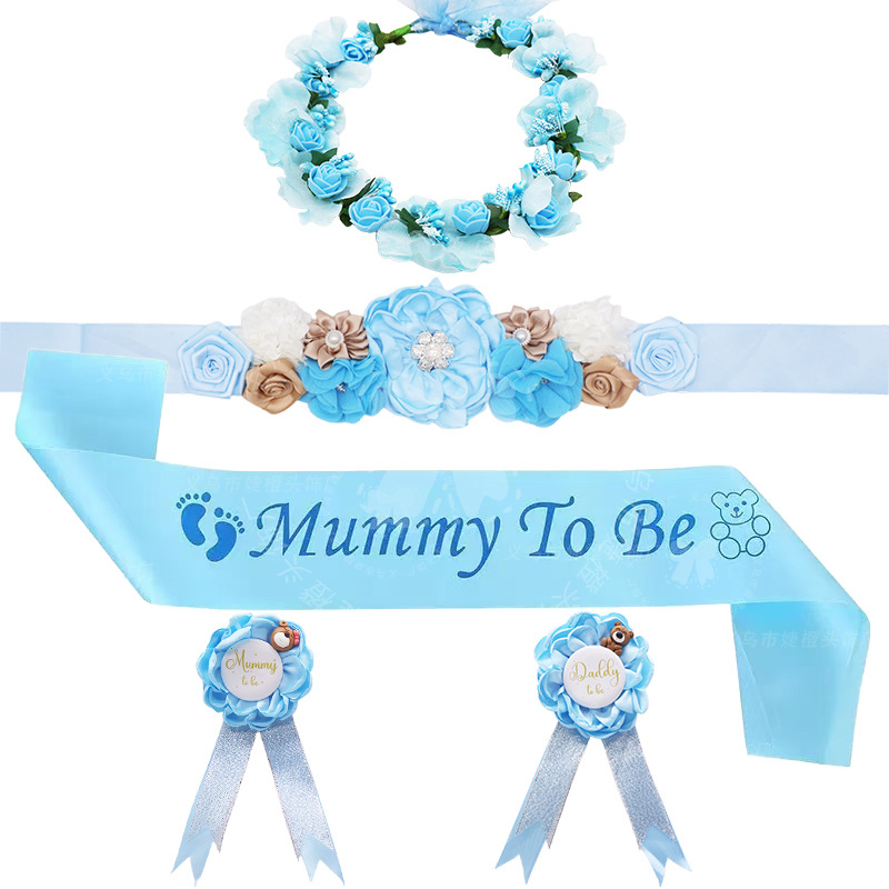Blue Bear Pregnant Mother Belt Corsage Shoulder Strap Garland Set Mommy to Be Baby Shower Dress