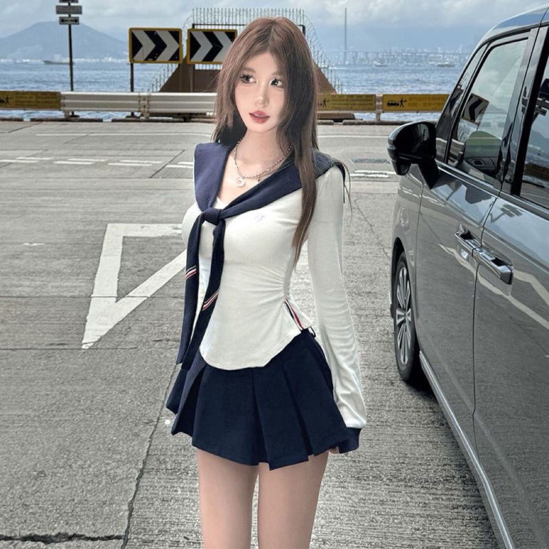 学院风辣妹秋基础修身t恤坎肩三件套设计感上衣内搭蛋糕裙女套装|undefined