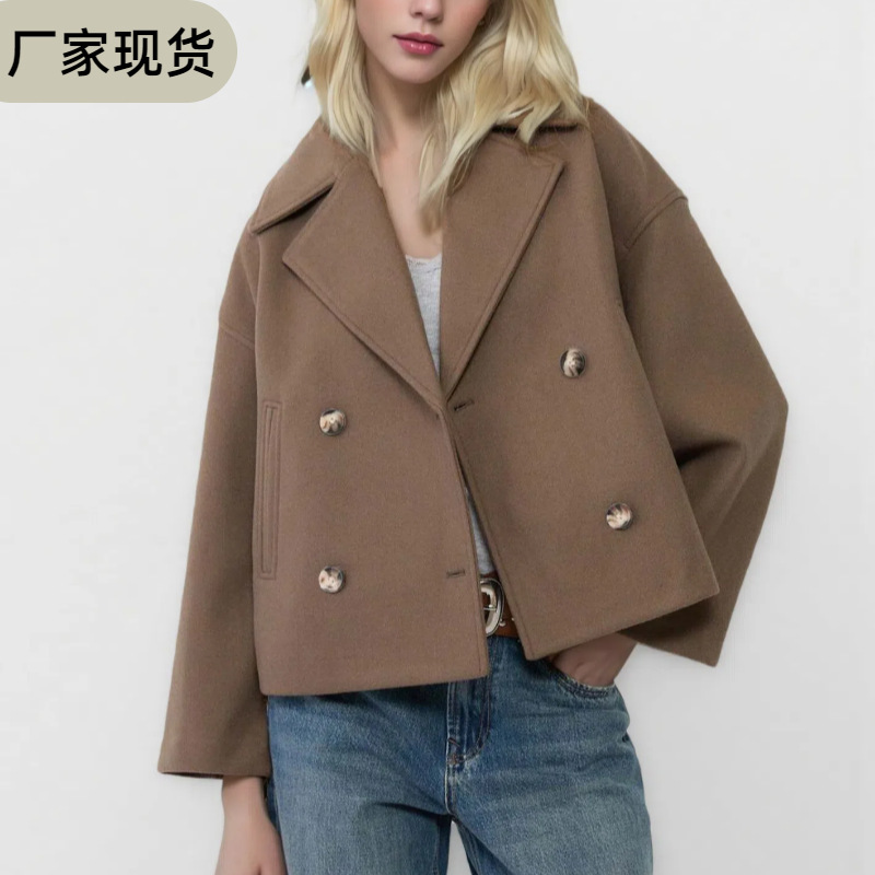 2025 New Autum European and American Style Women's Fashionable Elegant Commuter Lapel Double-Breasted Short Woolen Jacket