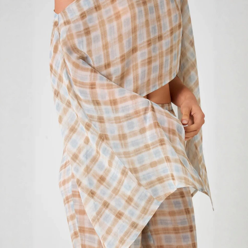 Women's Summer Plaid Sheer Shoulder Raglan Sleeve Top Waist Cinching Casual Straight Leg Trousers Set Style_ecoleips.com