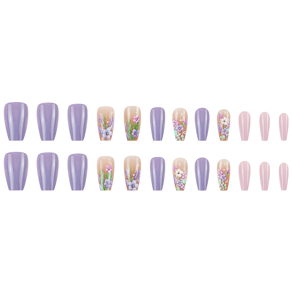 Parche de uñas en relieve de flores transfronterizas 24 piezas de uñas de uñas moradas europeas y americanas