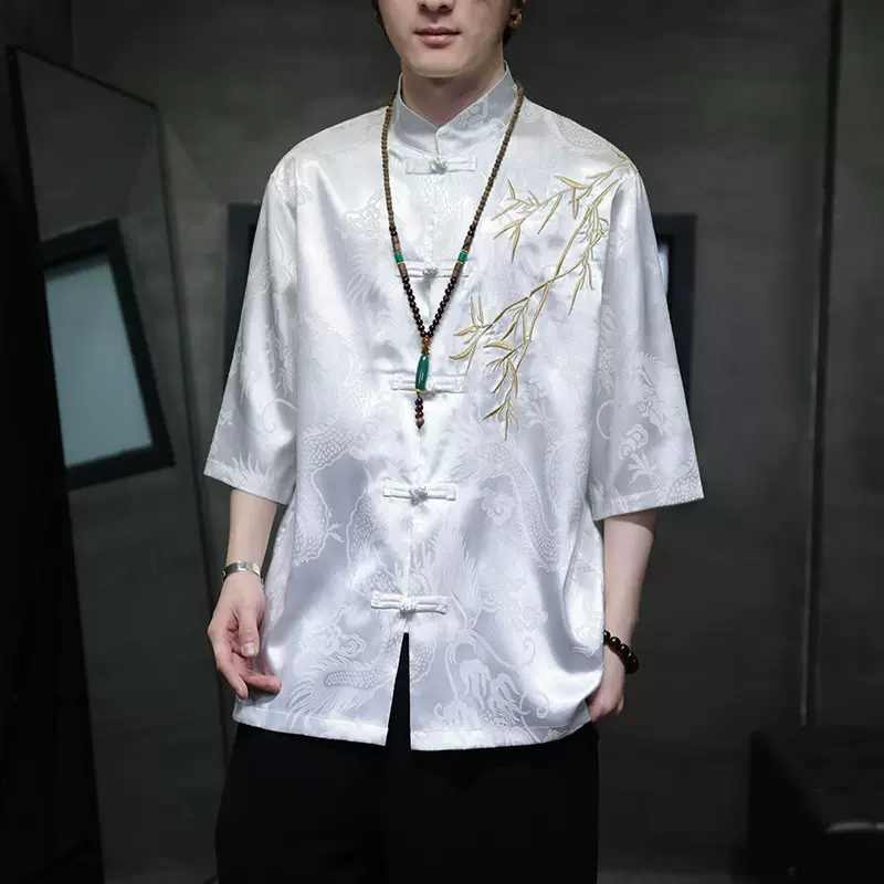 冰丝衬衫男短袖新中式盘扣刺绣唐装中国风男装夏季五分袖衬衣男薄