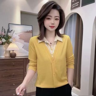 一件代发直播爆款2025春秋衬衫翻领女士拼接长袖T恤女假两件上衣|undefined